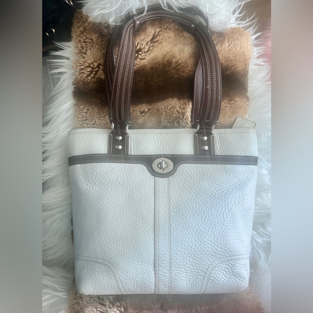 Coach Hampton Tote White Leather Brown Handbag Purse Neutral Classic!